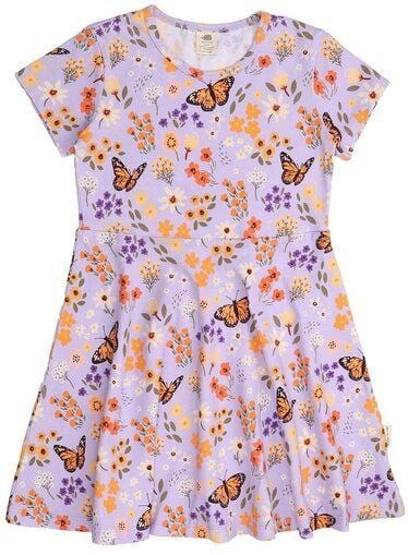 Kinder Kleid GOTS-zertifiziert aus Bio-Baumwolle, lila mit Blumen-und-Schmetterlings-Print, kurzarm, ausgestellter Rock ...