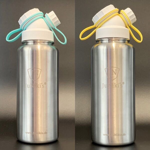 JN JuNiki's JuNiki´s® eco line isolierte Edelstahl Trinkflasche 1 Liter mit Deckelhaltern in Türkis + Gelb zum Wechseln