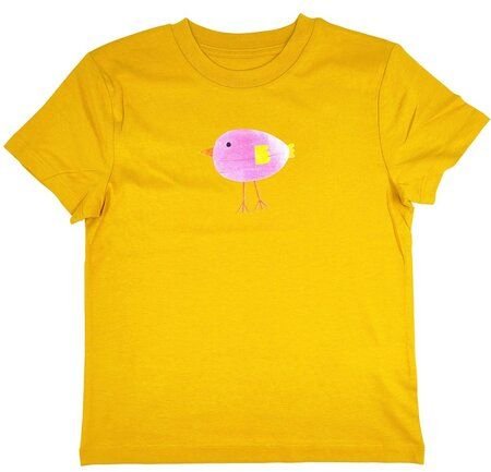 Meladi Kinder Shirt aus Biobaumwolle - Lila Vogel auf Ochre Gelb
