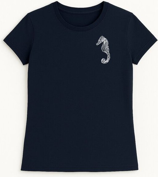 ilovemixtapes Maritimes Damen T-Shirt mit Seepferdchen-Print – fair, handbedruckt & nachhaltig