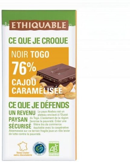 Ethiquable Noir-Schokolade 76% Togo mit Cashewkernen (bio), 100g