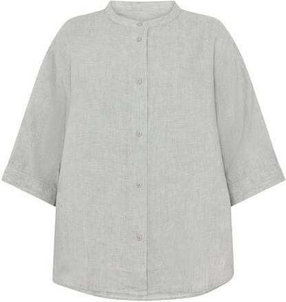 KnowledgeCotton Apparel Lockere Hemdbluse mit 3/4 Arm und Stehkragen aus Bio-Leinen