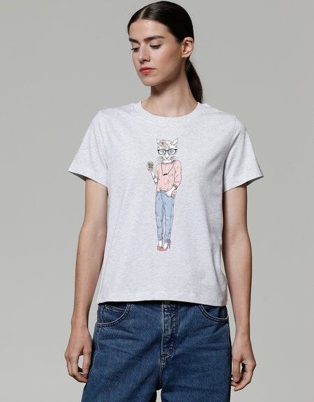 watapparel T-Shirt Frauen Hipster Cat with Moustache