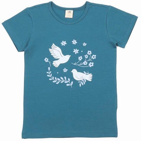 Mädchen T-Shirt GOTS-zertifiziert aus Bio-Baumwolle dunkelblau mit Vogel-und-Blumen-Motiv – Walkiddy