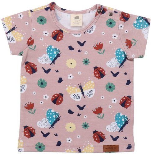 Kinder T-Shirt GOTS zertifiziert – Rosa mit Marienkäfer- und Schmetterlingsmotiv, Kurzarm | von Walkiddy
