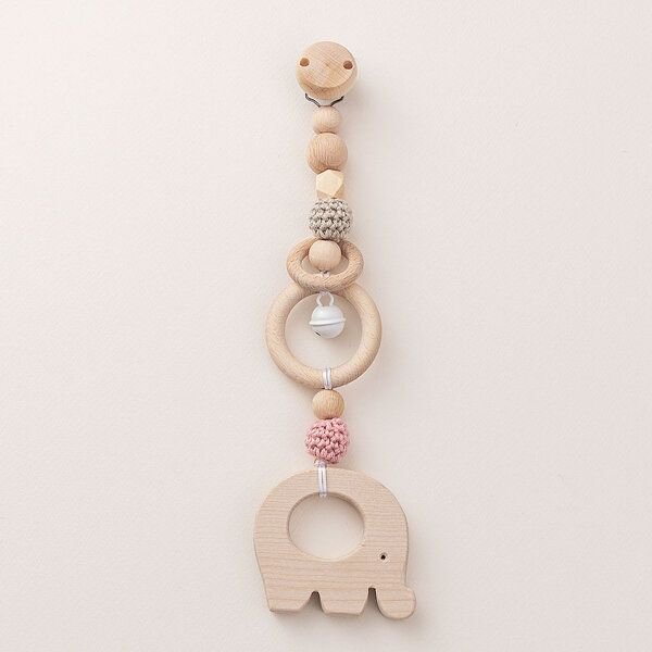 NoniKids Berlin Rasselclip Holz mit *Glocke Elefant* 3 Farben I Bio Baumwollgarn