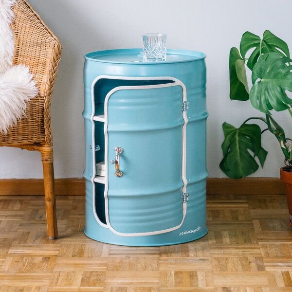 Lockengelöt Nachttisch/Couchtisch mit Tür aus einem kleinen Ölfass