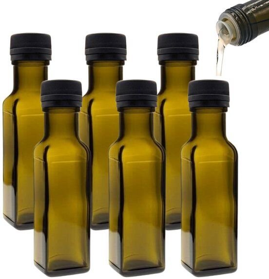 mikken 6er Set Ölflaschen 100 ml - 750 ml mit Ausgießer braune / grüne Glasflasche mit Dosierer Dosierflasche inkl. 6 Et...