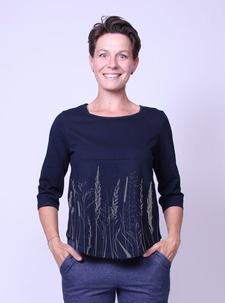 Peaces.bio - handbedruckte Biomode Bio-Damen-3/4 Arm Shirt- Gräservielfalt