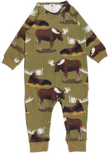 Baby Strampler GOTS-zertifiziert aus Bio-Baumwolle, grün mit Elchmotiv, langarm & langer Beinabschluss – Walkiddy, weich...