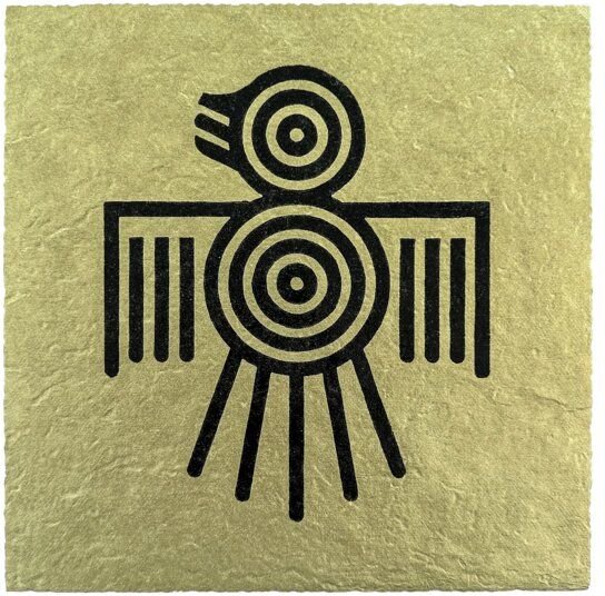 Thumbnail - Veskor Cassiopeia QUETZAL Linoldruck | 22 × 22 cm | Schwarz auf Precious Gold