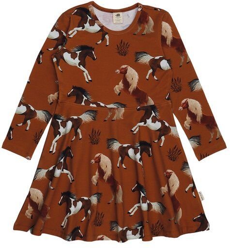 Kinder Kleid GOTS-zertifiziert aus Bio-Baumwolle, Pferdeprint, langarm, braun – Walkiddy, fair, weich, hautfreundlich, n...