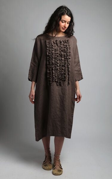 KNOTIUM POM POM Leinenkleid mit Rüschen vorne