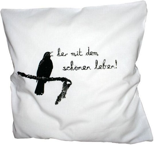 Hirschkind Bio-Kissenbezug 'Schönes Leben mit Amsel' weiß, 40*40cm