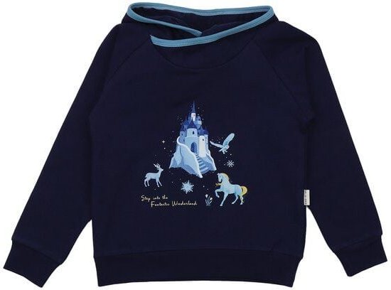 Kinder Kapuzenpullover GOTS-zertifiziert aus Bio-Baumwolle dunkelblau mit Fantasie-Motiv „Wonderland“ – Walkiddy