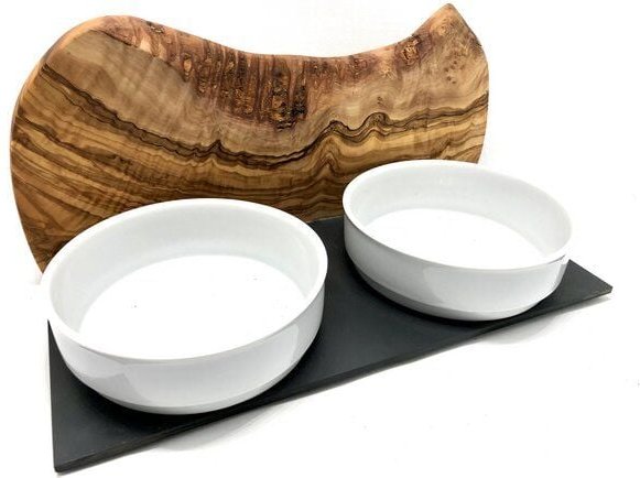 Olivenholz erleben Futterstation MOUNTAIN mit 2 Porzellanschalen in 2 Größen