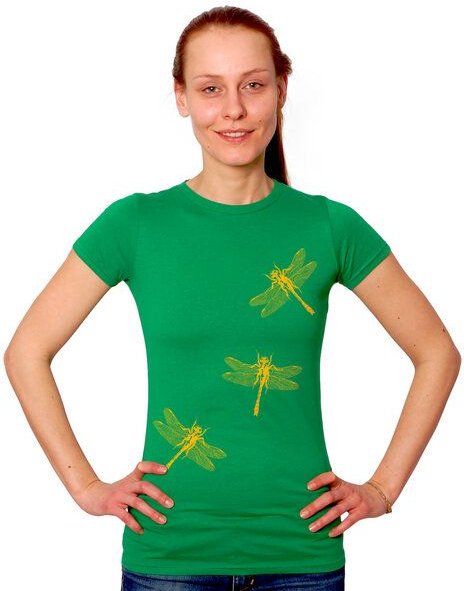 HANDGEDRUCKT "3 Azurjungfern" Frauen-T-SHIRT von Earth Positiv Biobaumwolle