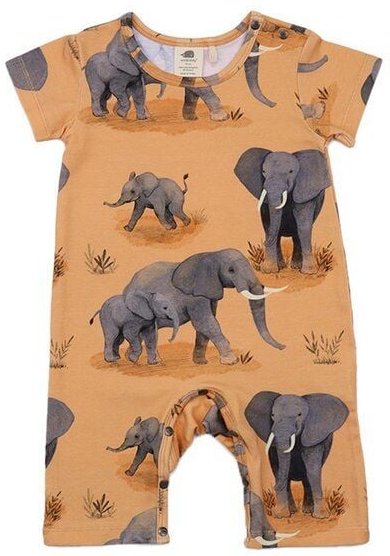 Baby Strampler GOTS zertifiziert, 95% Bio-Baumwolle, orange, Elefanten-Muster, Kurzarm, weich & elastisch – Walkiddy