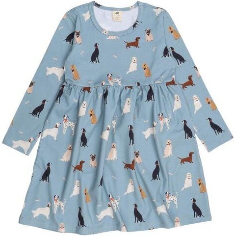 Kinder Kleid GOTS zertifiziert – Hellblau mit Hundemotiven, Langarm, weich & bequem | von Walkiddy