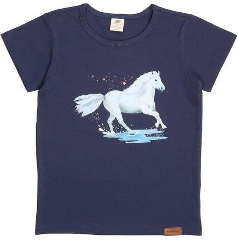 Kinder T-Shirt Bio-Baumwolle White Horses Dunkelblau Walkiddy, GOTS-zertifiziertes Kurzarmshirt, vegan, weiches Pferde-S...