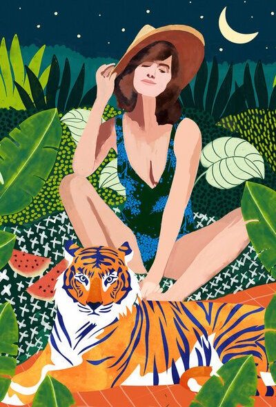 Photocircle Poster / Leinwandbild - iving In The Jungle, Tiger Tropical Picnic Illustration, Forest Woman