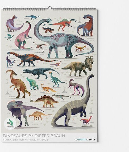 Photocircle Dinosaurier Wandkalender 2025 mit Dino Illustrationen des renommierten Künstlers Dieter Braun fürs Kinderzim...