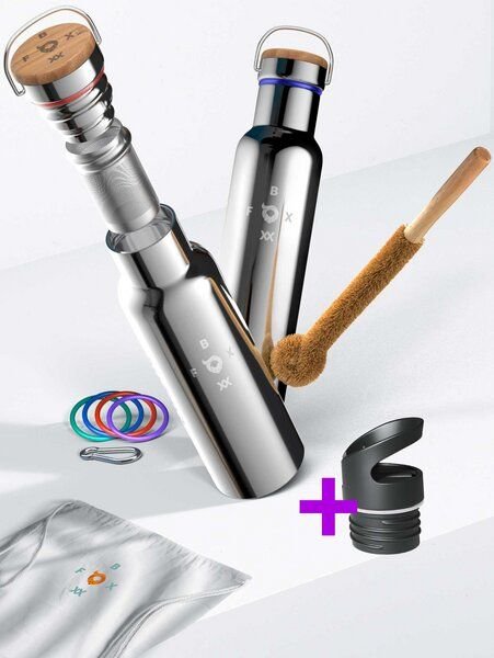 ÖKO FOXBOXX Flasche isol. 0,5 – 0,75 / Teesieb & Sportcap Bürste Karabiner
