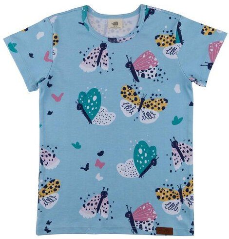 Kinder T-Shirt GOTS zertifiziert Bio-Baumwolle, Hellblau, Schmetterling-Muster, Walkiddy