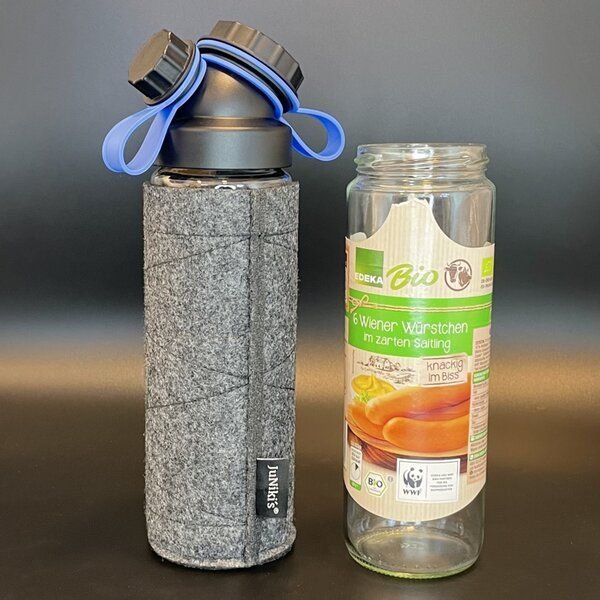 JN JuNiki's Set: JuNiki´s Würstchen® Verschluss + Filzhülle grau + Deckelhalter