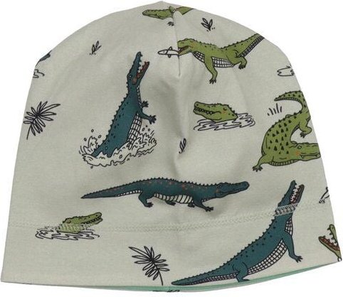 Thumbnail - Kleinkinder Beanie GOTS zertifiziert, Bio-Baumwolle, grau, Krokodil-Print, weich & elastisch – Walkiddy