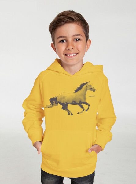 Peaces.bio - handbedruckte Biomode Bio-Kinder-Kapuzen-Sweatshirt "Horsepower"