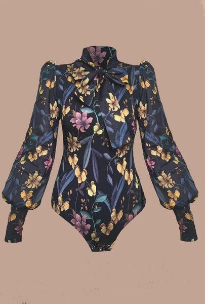 Atelier SNOW Eleganter Body mit Schleifenkragen und Puffärmeln