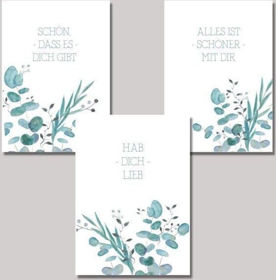 Fines Papeterie 3er Postkarten Set LOVE mit Eukalyptus Motiv