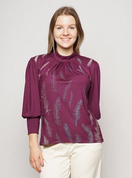 Peaces.bio - handbedruckte Biomode Edelbluse Blätterzauber in Aubergine