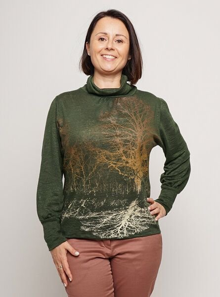 Peaces.bio - handbedruckte Biomode Leinenstrick-Pulli in Tannengrün