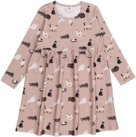 Kinder Kleid GOTS zertifiziert Bio-Baumwolle, Altrosa, Katzen-Muster, Walkiddy