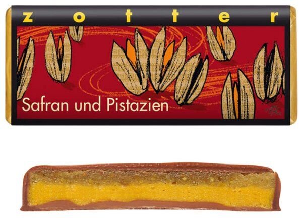 Zotter handgeschöpfte Schokolade Safran und Pistazien 70 g