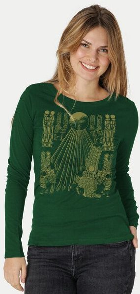 Thumbnail - Peaces.bio - handbedruckte Biomode Langarmshirt Damen Sonnenscheibe Aton