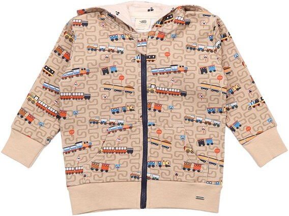 Kinder Sweatjacke GOTS zertifiziert, braun, Zug-Allover „Tiny Trains“, Reißverschluss, weich – Walkiddy