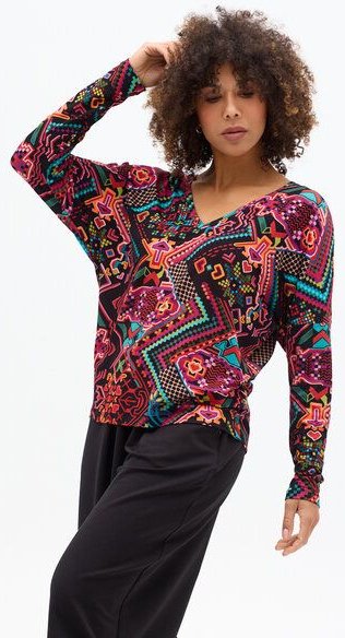 Bluse Saja Longsleeve – Viskose farbenfroher KOKOworld Print weiter Schnitt V-Ausschnitt – perfekt für Yoga – Fair produ...