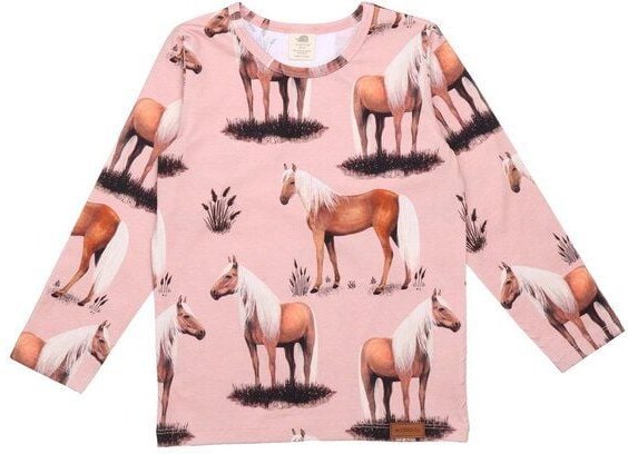 Kinder Langarmshirt GOTS zertifiziert Bio-Baumwolle Rosa Pferde-Print Allover „Beauty Horses“ bequem – Walkiddy