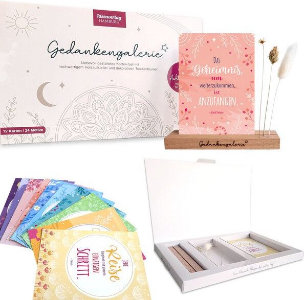 Ideenverlag Hamburg Gedankengalerie® Achtsamkeits-Set mit Holzaufsteller, Affirmationskarten & Trockenblumen | Nachhalti...