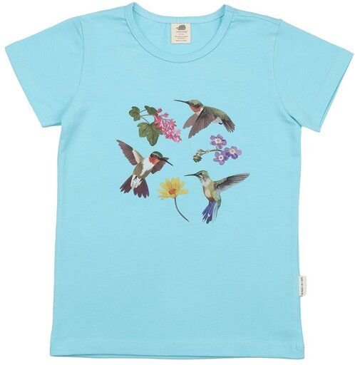 Kinder T-Shirt GOTS zertifiziert – Bio-Baumwolle, Hellblau mit Kolibri- & Blumenmotiv | Walkiddy