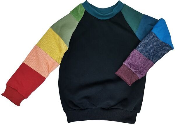 Thumbnail - liebewicht Pullover aus Bio Sweat Regenbogen Patchwork Unikat für Babys und Kinder