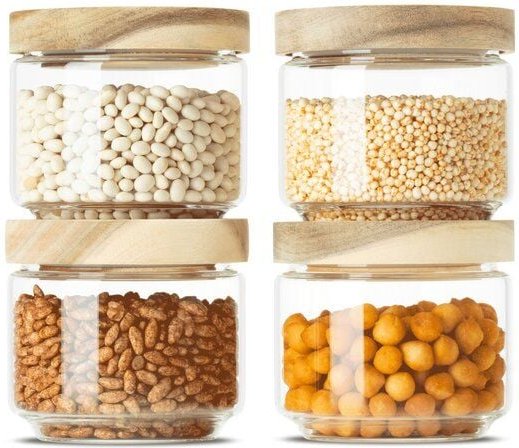 Econovo Kleine Vorratsgläser mit Holzdeckel | 300ml (Set 4-tlg.) | Kollektion Rund