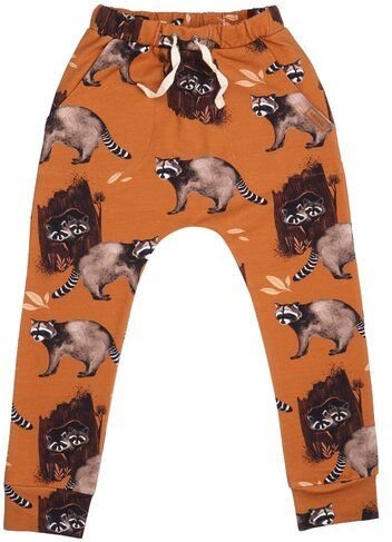 Kinder Jogginghose GOTS zertifiziert Bio-Baumwolle Braun Allover-Print „Curious Raccoons“ elastischer Bund – Walkiddy