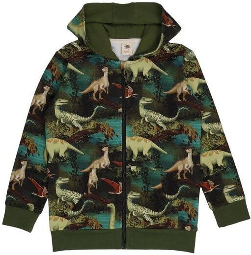 Kinder Sweatjacke Dino-Print GOTS-zertifiziert aus Bio-Baumwolle, grün – Walkiddy, Kapuze & Reißverschluss, weicher Allt...