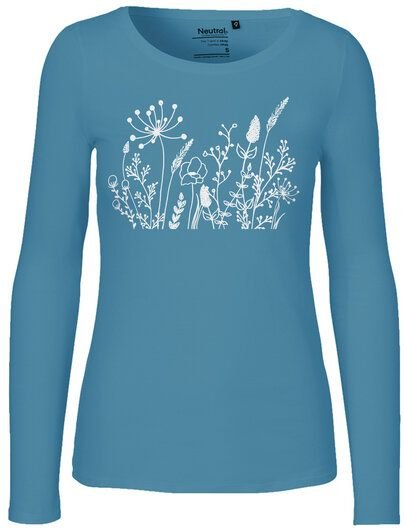 HANDGEDRUCKT "Wilde Wiese" Frauen Longsleeve aus reiner Biobaumwolle (kbA)
