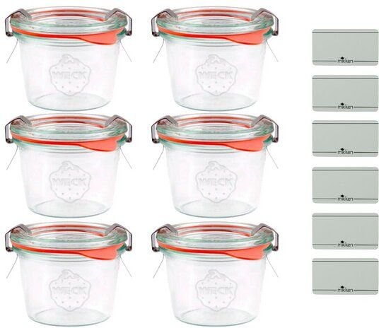 mikken 6er Set Weck Sturzgläser 80 / 140 / 160 / 290 / 370 / 580 / 850 ml Glas mit Etiketten