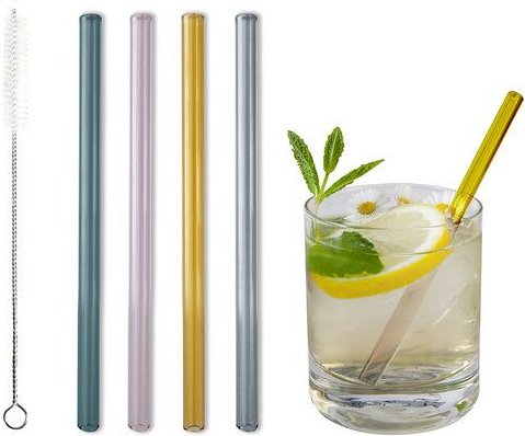 Contento Glastrinkhalm bunt 15 cm lang, 4 Stück auf Geschenkkarte, mit Reinigungsbürste